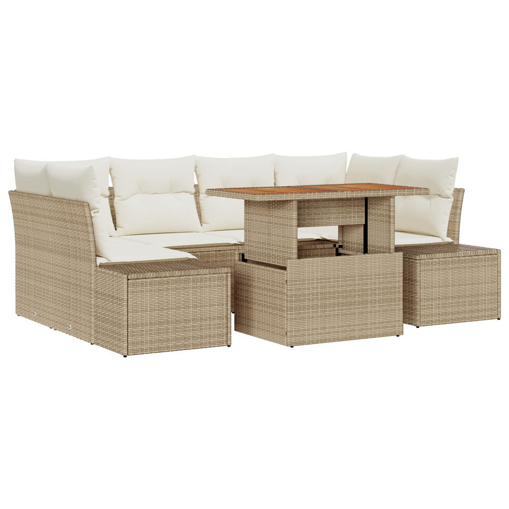 Ensemble de salle à manger de jardin 7 pièces avec coussins beige en poly rattan et acacia