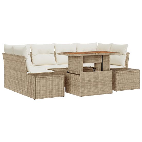 Ensemble de salle à manger de jardin 7 pièces avec coussins beige en poly rattan et acacia