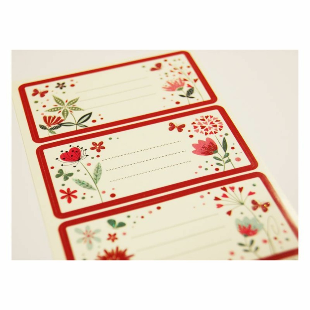 12 étiquettes adhésives scolaires - rectangle - fleurs et coeurs - paillettes