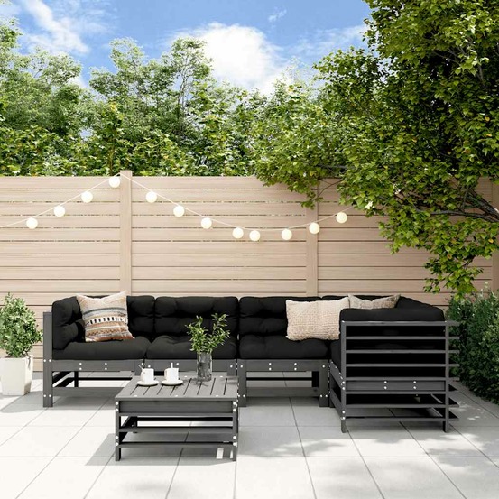 Salon de jardin 6 pcs avec coussins gris bois massif