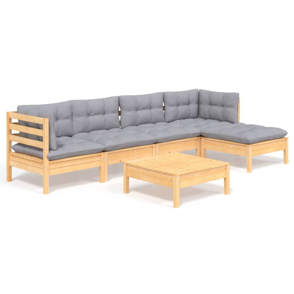 Salon de jardin 6 pcs avec coussins gris bois de pin