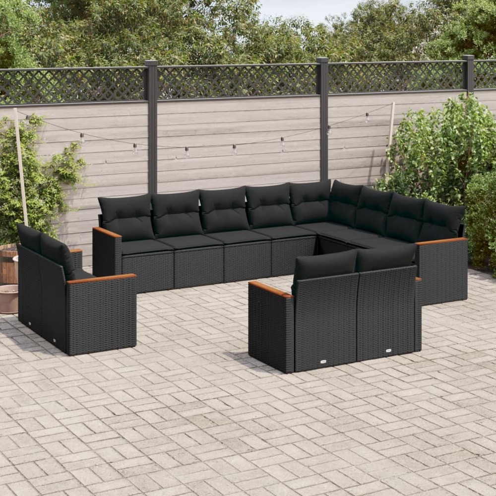 Salon de jardin 12 pcs avec coussins noir résine tressée