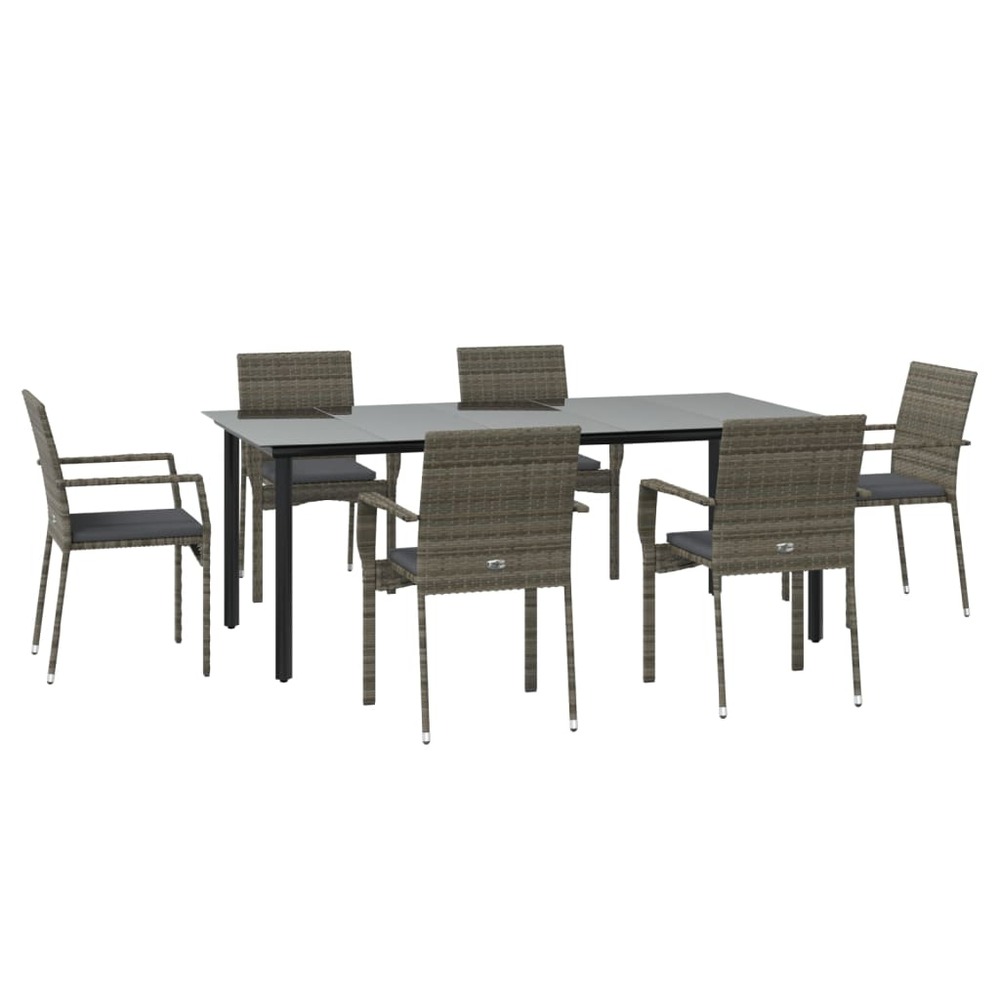 Mobilier à dîner de jardin et coussins 7 pièces noir et gris rotin