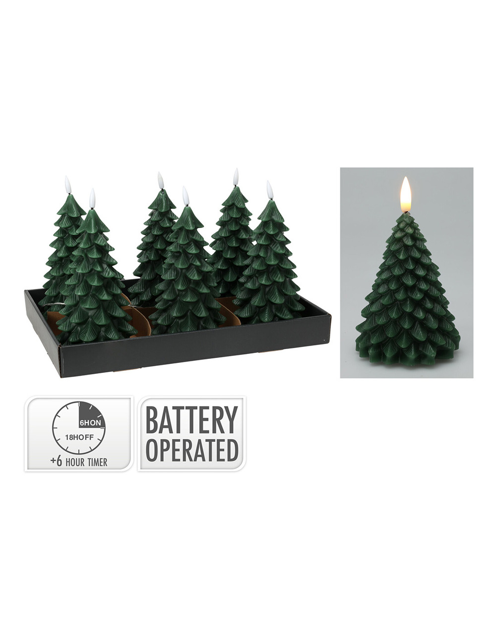 Bougie led effet flamme en forme de sapin, vert foncé, 19 cm. Basics