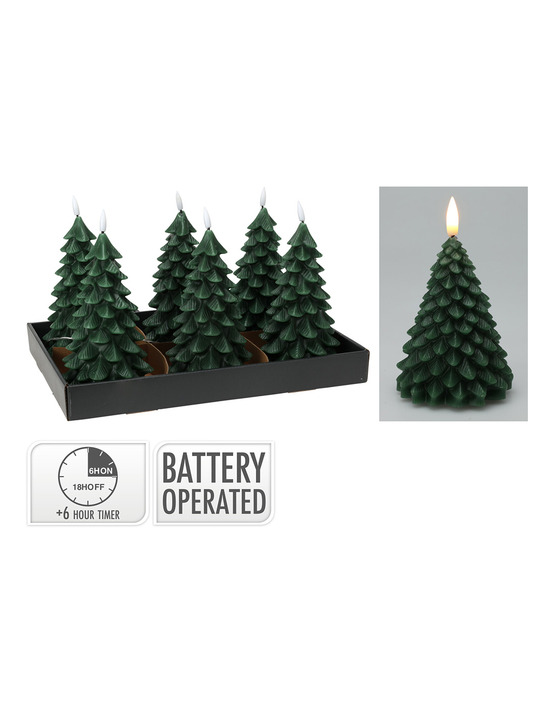 Bougie led effet flamme en forme de sapin, vert foncé, 19 cm. Basics