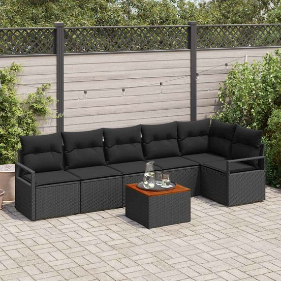 Ensemble de canapé de jardin avec coussin 7 pcs noir polyrotin