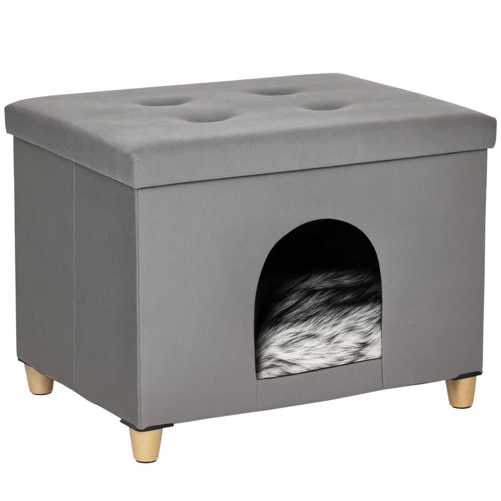 Niche chat tabouret 2en1 bois peluche repos cachette coussin 60x45x44cm gris