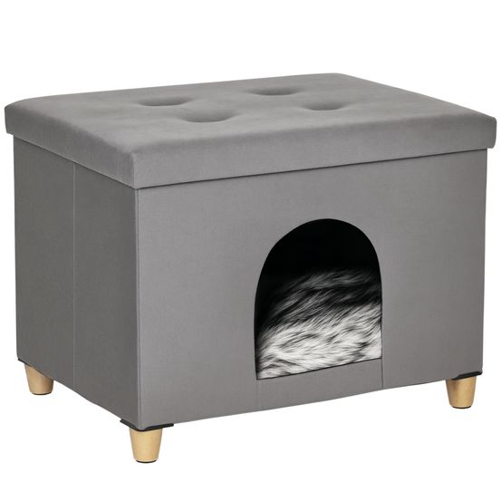 Niche chat tabouret 2en1 bois peluche repos cachette coussin 60x45x44cm gris