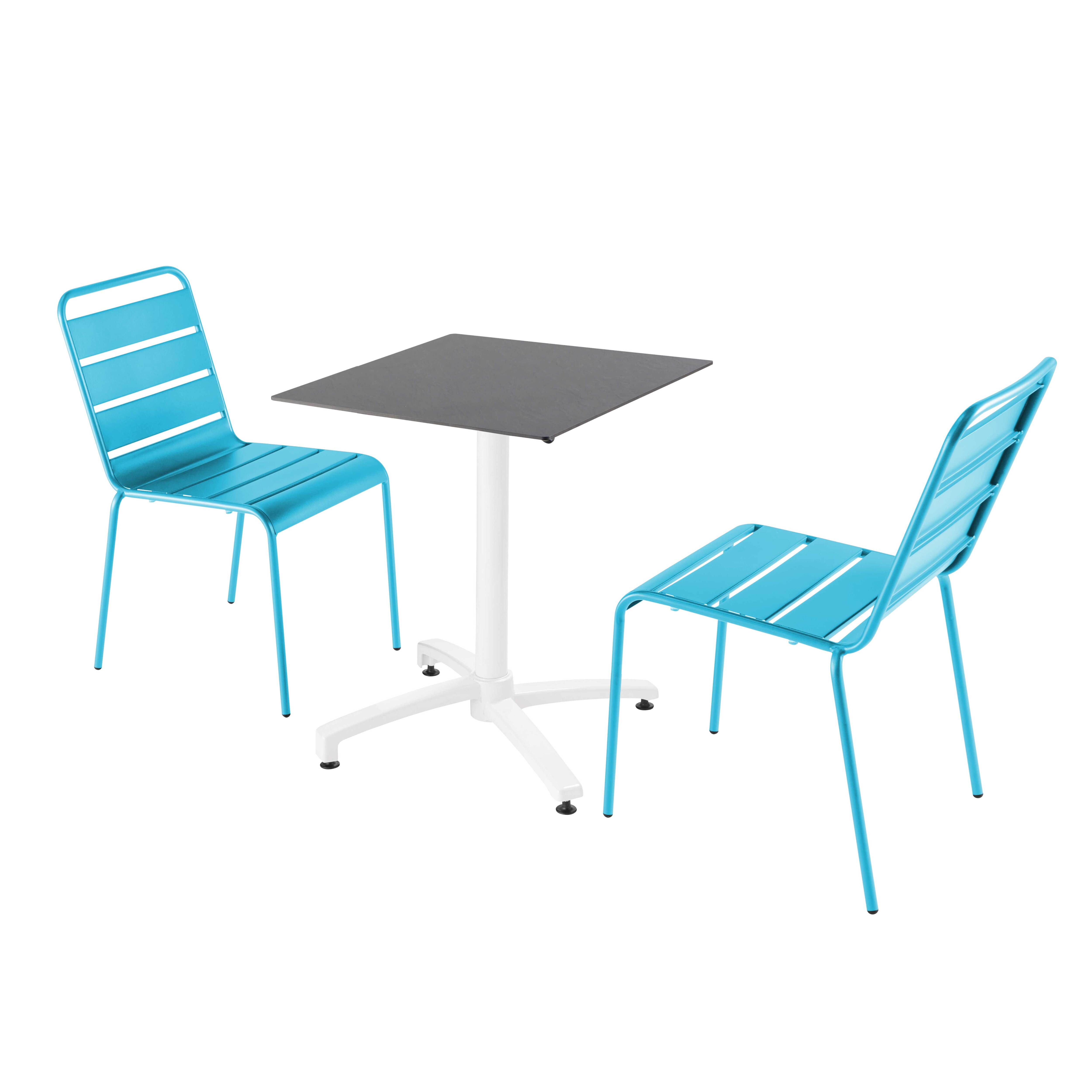 Ensemble table de terrasse stratifié ardoise et 2 chaises bleu