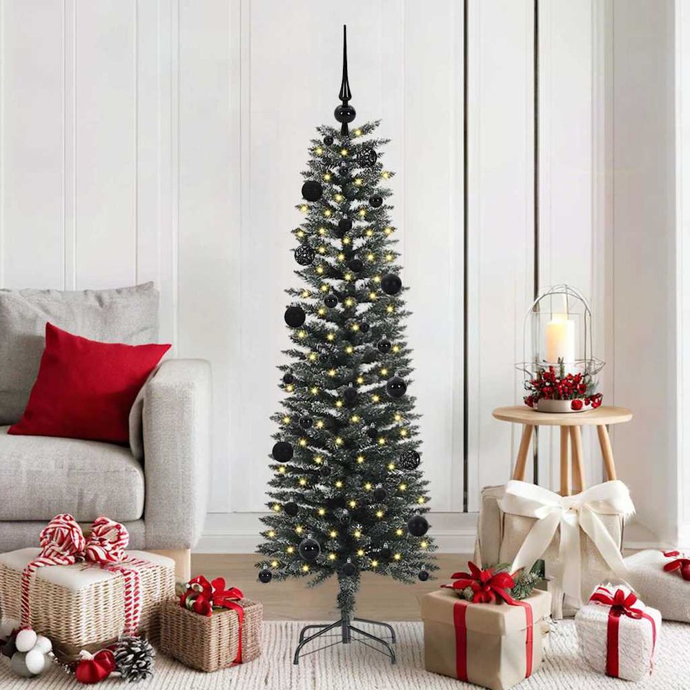 Sapin artificiel 150 cm floconné, kit complet avec 61 boules et guirlande 150 led usb