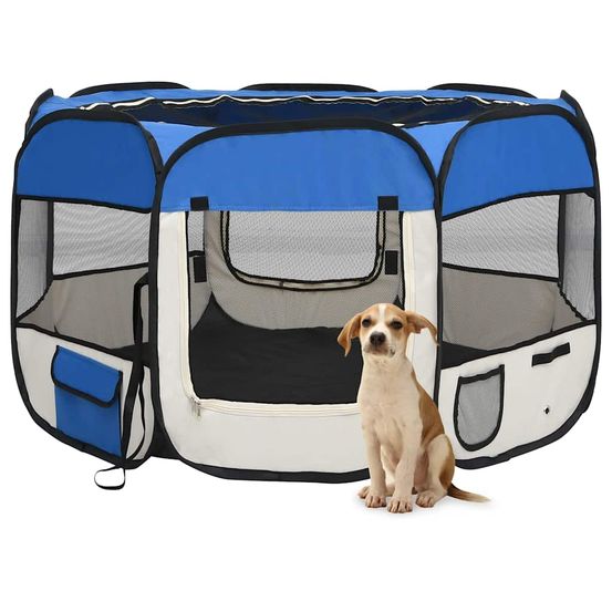 Parc pliable pour chien 110cm tissu avec sac de transport portable bleu et crème