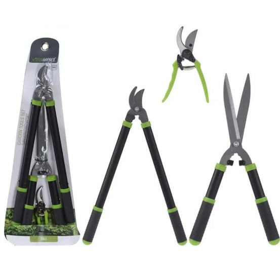 Set 3 outils jardin: cisaille alu 20cm + cisaille-haie 52cm + sécateur
