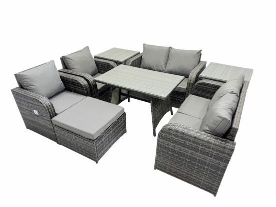 Ensemble de canapé en rotin extérieur avec table à manger rectangulaire 2 tables d'appoint grand tabouret gris foncé mixte