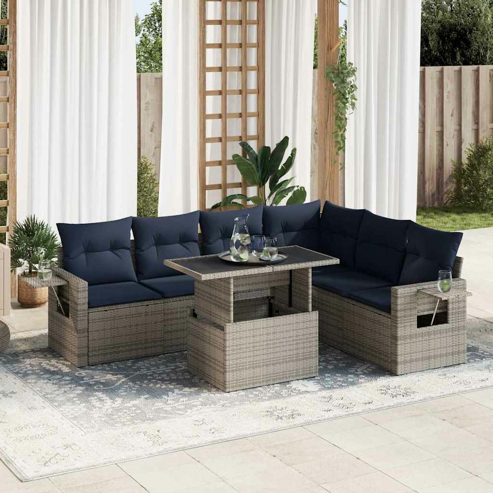 Salon de jardin avec coussins 7 pcs gris résine tressée