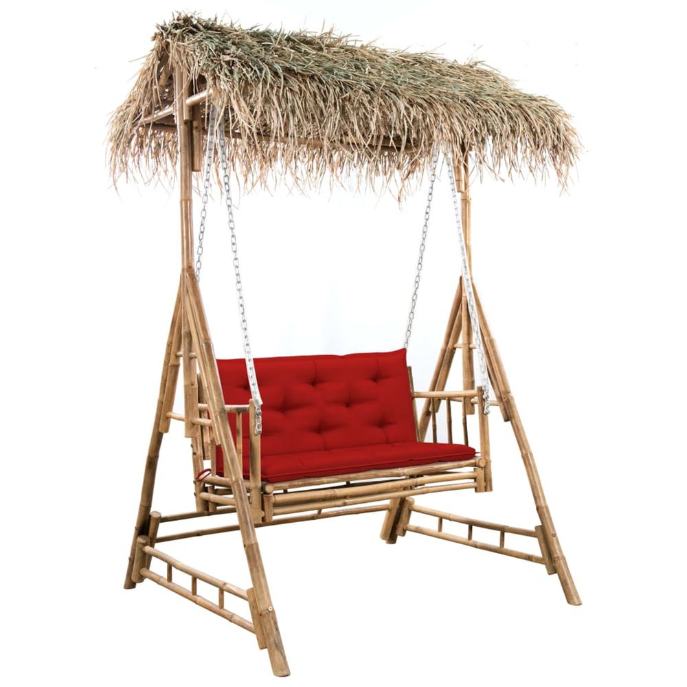 Balancelle 2 places feuilles de palmier et coussin 202cm bambou