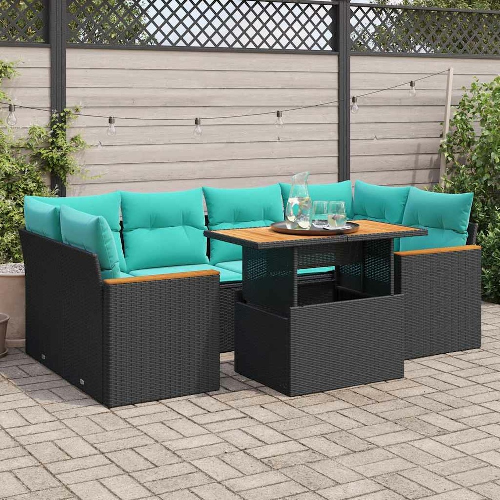 Salon de jardin 7 pcs avec coussins noir résine tressée