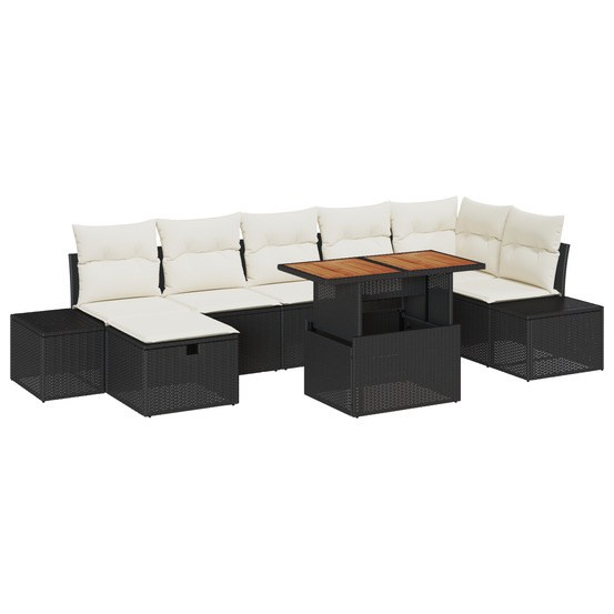 Ensemble de salle à manger de jardin 8 pièces avec coussins noir poly rotin acacia