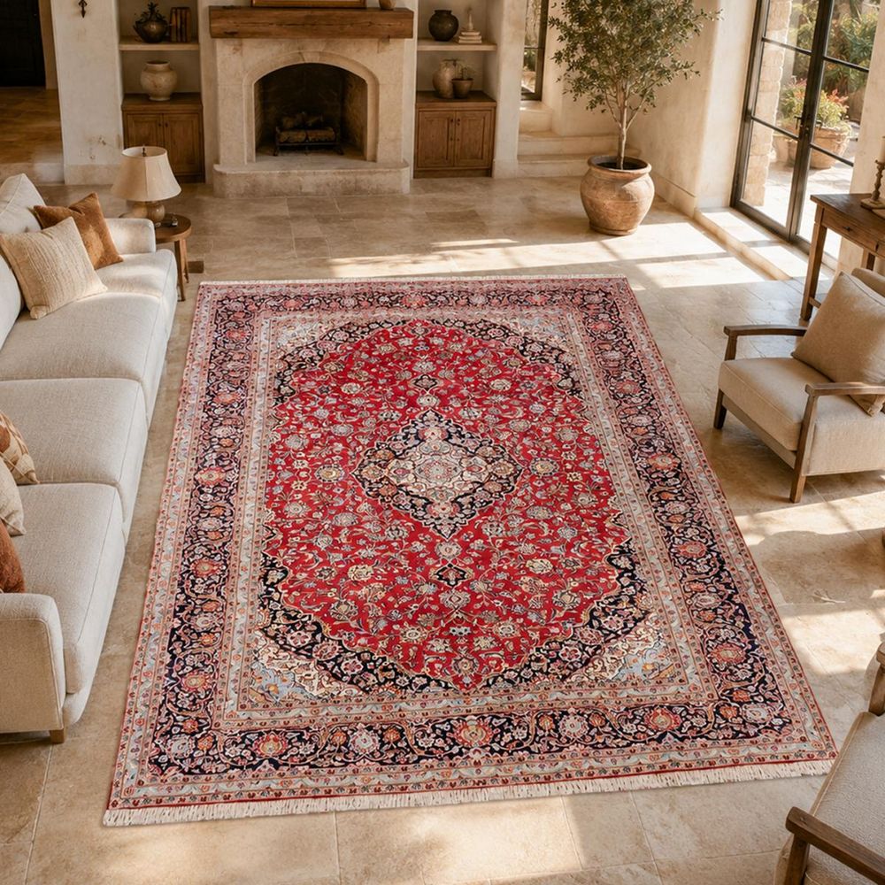 Tapis d'orient 256 x 350 cm, rouge, beige et bleu, noué main en laine, ardakan c