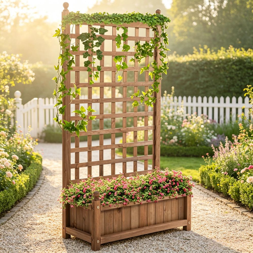 Jardinière surélevée sapin massif naturel 64 x 28 x 120 cm treillis pour balcon