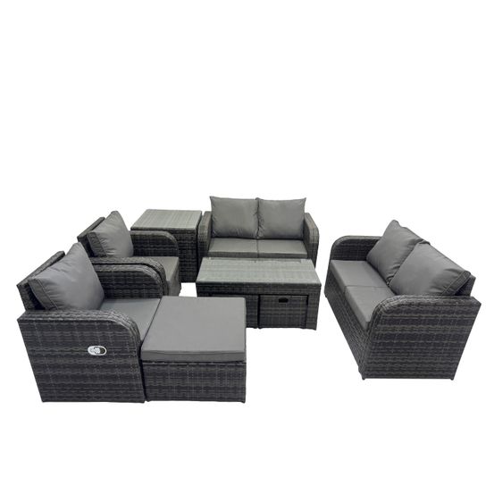 9 places ensemble salon de jardin extérieur en polyrotin avec fauteuil table basse 3 tabourets