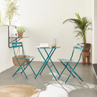 Salon de jardin bistrot pliable - emilia rond bleu canard - table ronde ø60cm avec deux chaises pliantes. Acier thermolaqué