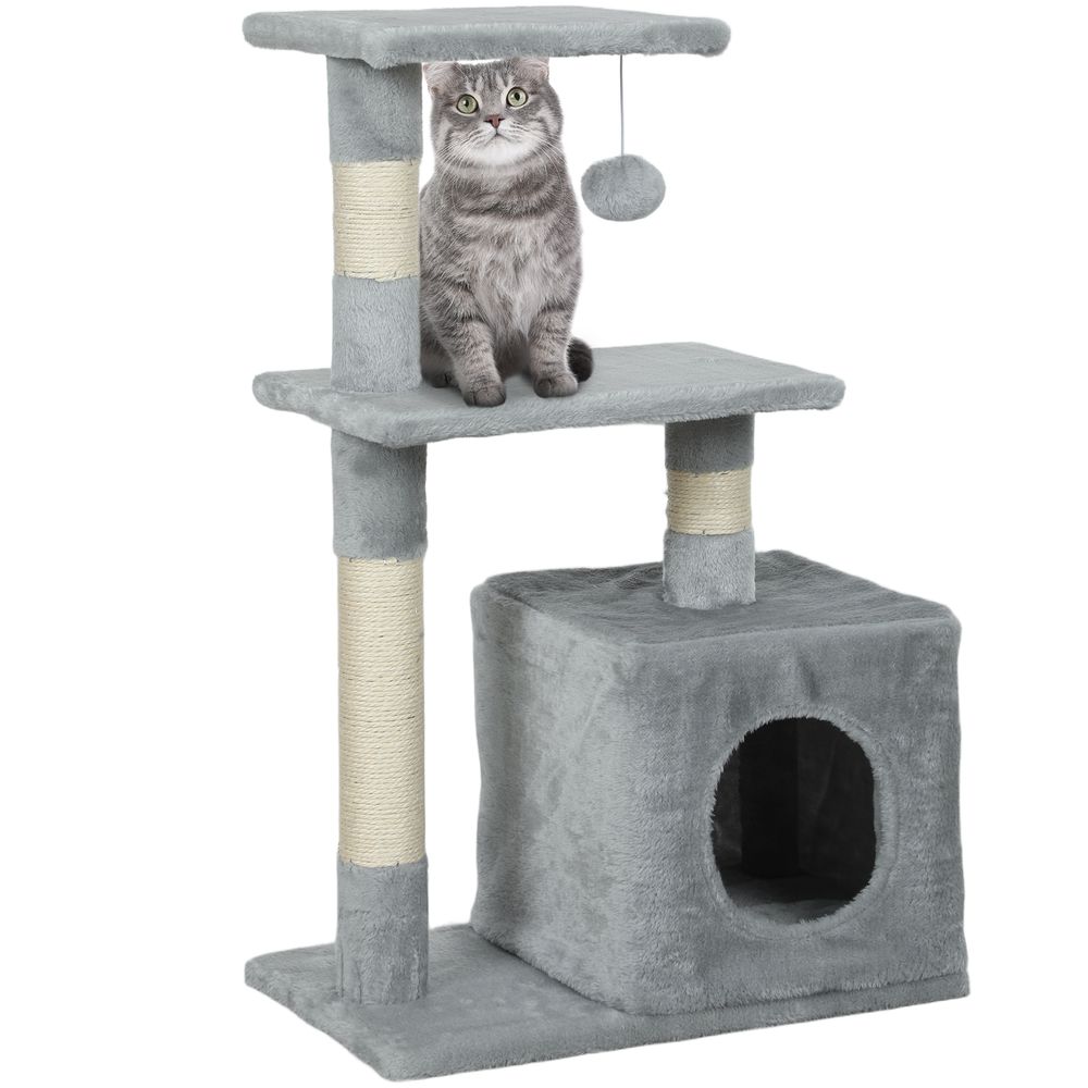 Arbre à chat griffoir en sisal avec niche et plateformes tour de jeu en peluche 81,5 cm gris