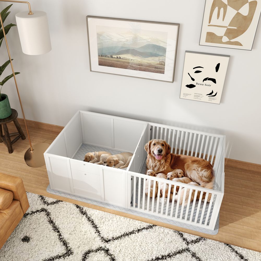 Caisse mise bas mdf parc chiots 2 espaces tapis inclus 166cm blanc