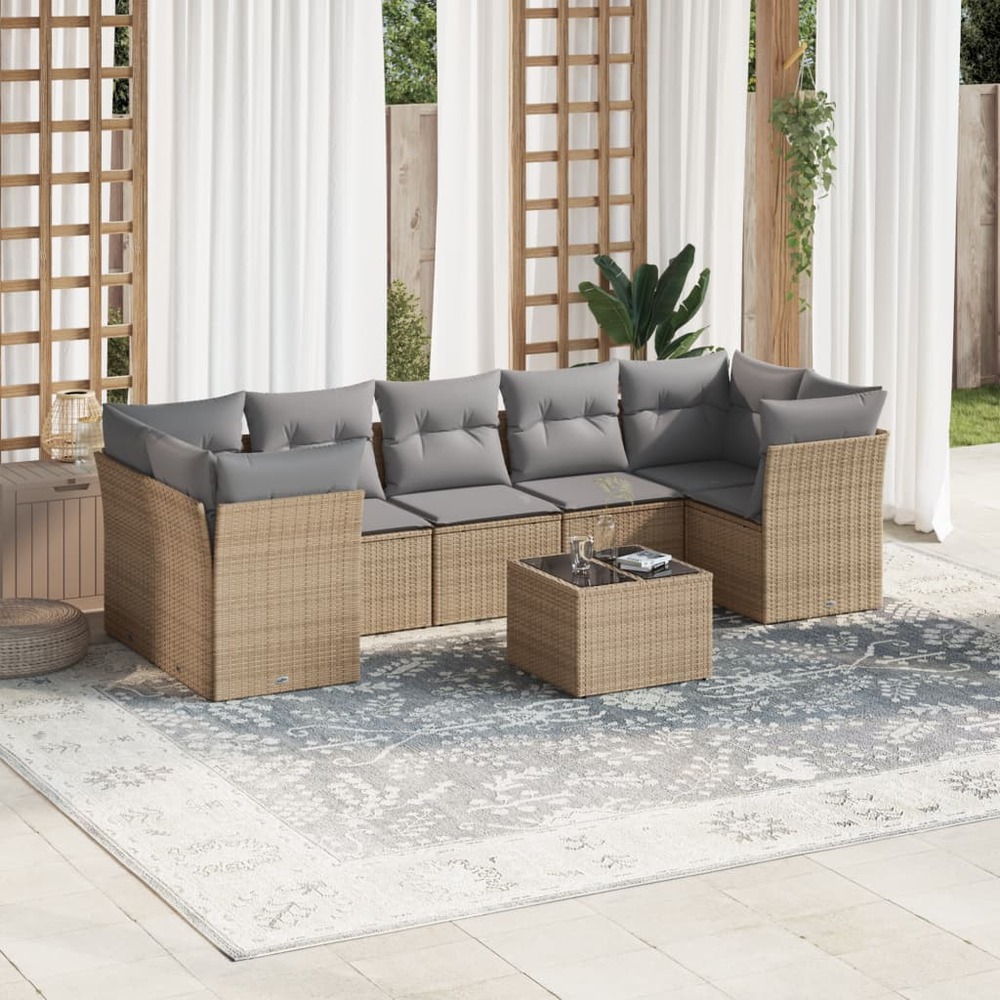 Salon de jardin avec coussins 8 pcs beige résine tressée