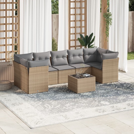 Salon de jardin avec coussins 8 pcs beige résine tressée