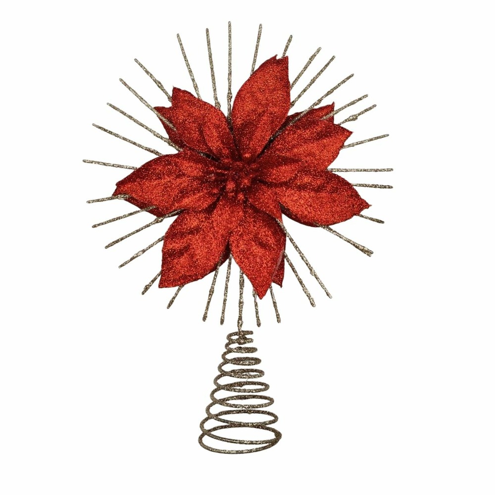 Déco sapin de noël cimier en métal doré pailleté avec fleur de poinsettia