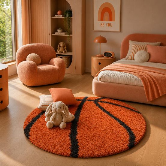 Tapis enfant ø120cm rond tissé orange et noir shaggy basket