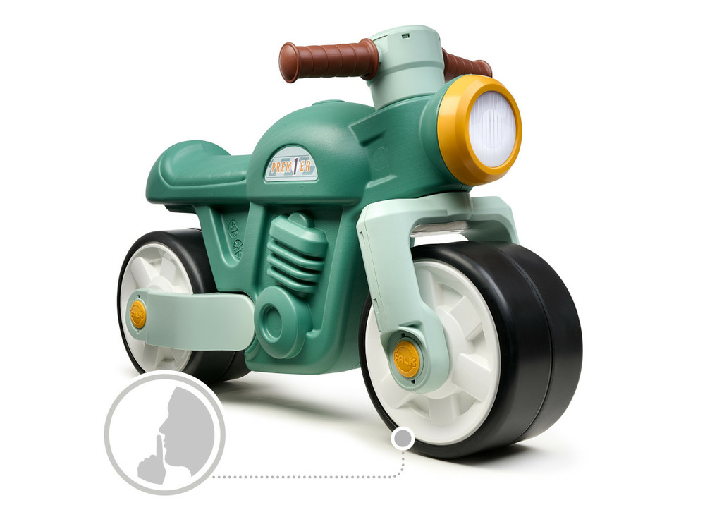 Draisienne vintage moto verte avec larges roues silencieuses 1 à 3 ans