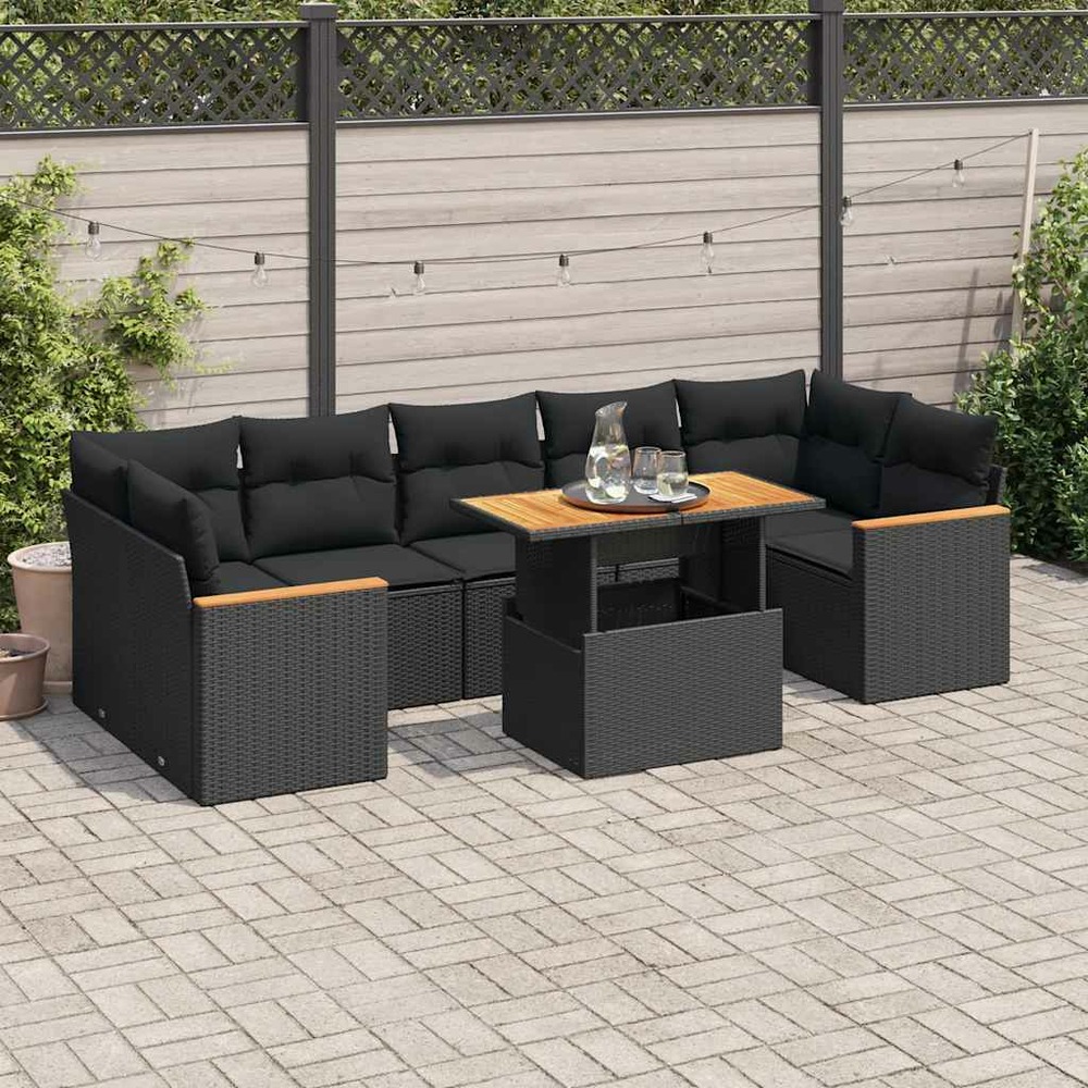 Salon de jardin avec coussins 8 pcs noir résine tressée acacia