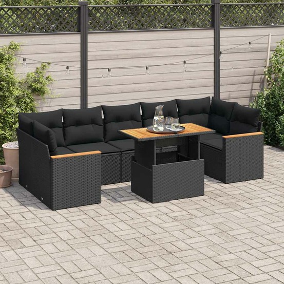 Salon de jardin avec coussins 8 pcs noir résine tressée acacia