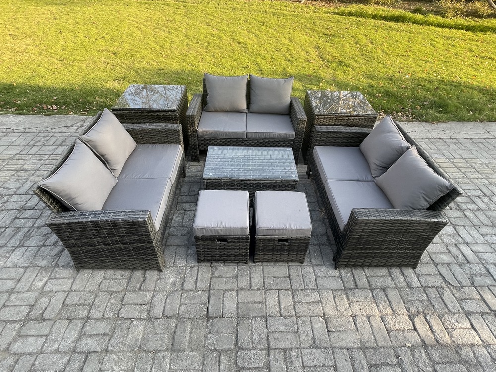 8pc ensemble de meubles de jardin en rotin ave 2 table d'appoint 2 petit tabouret canapé d'amour