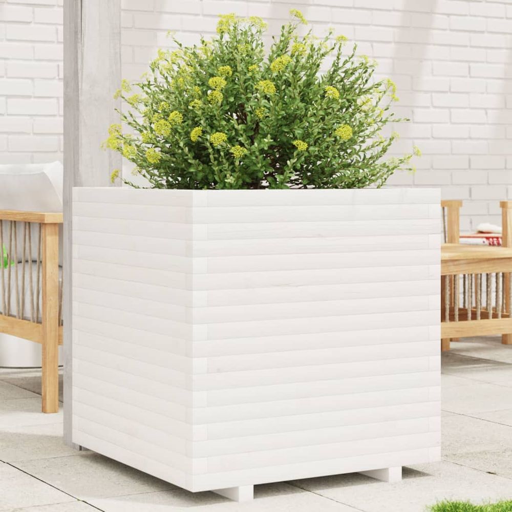 Grand bac à fleurs en pin massif blanc pour terrasse 70x70x72 cm