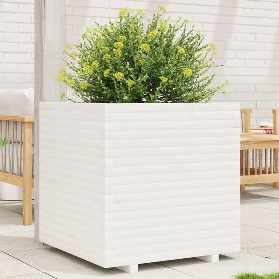 Grand bac à fleurs en pin massif blanc pour terrasse 70x70x72 cm