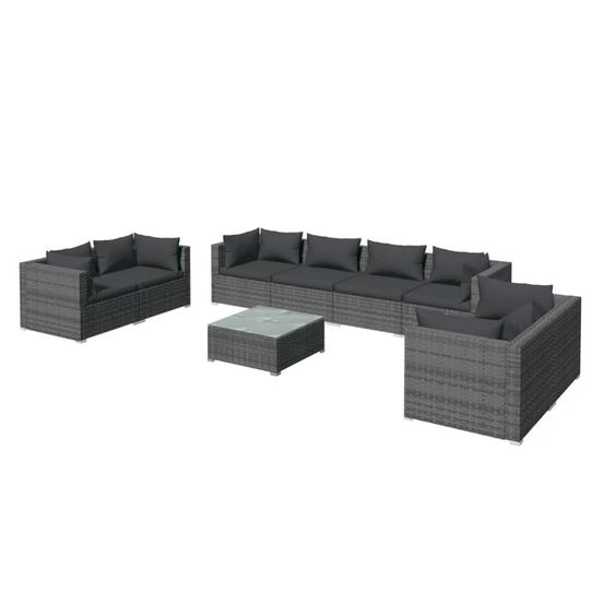 Salon de jardin 9 pcs avec coussins résine tressée gris