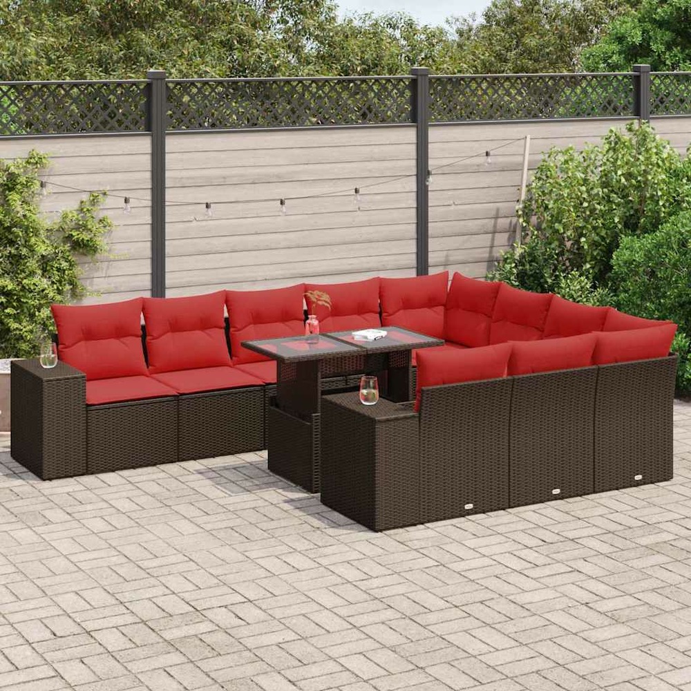 Salon de jardin et coussins 11 pcs marron résine tressée acacia