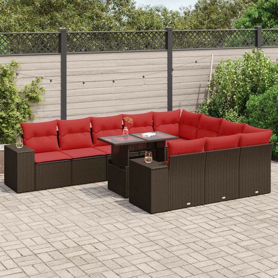Salon de jardin et coussins 11 pcs marron résine tressée acacia