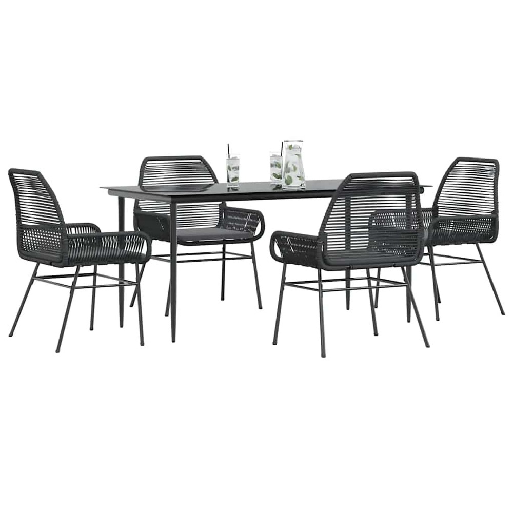 Ensemble à manger de jardin et coussins 5 pcs noir rotin verre