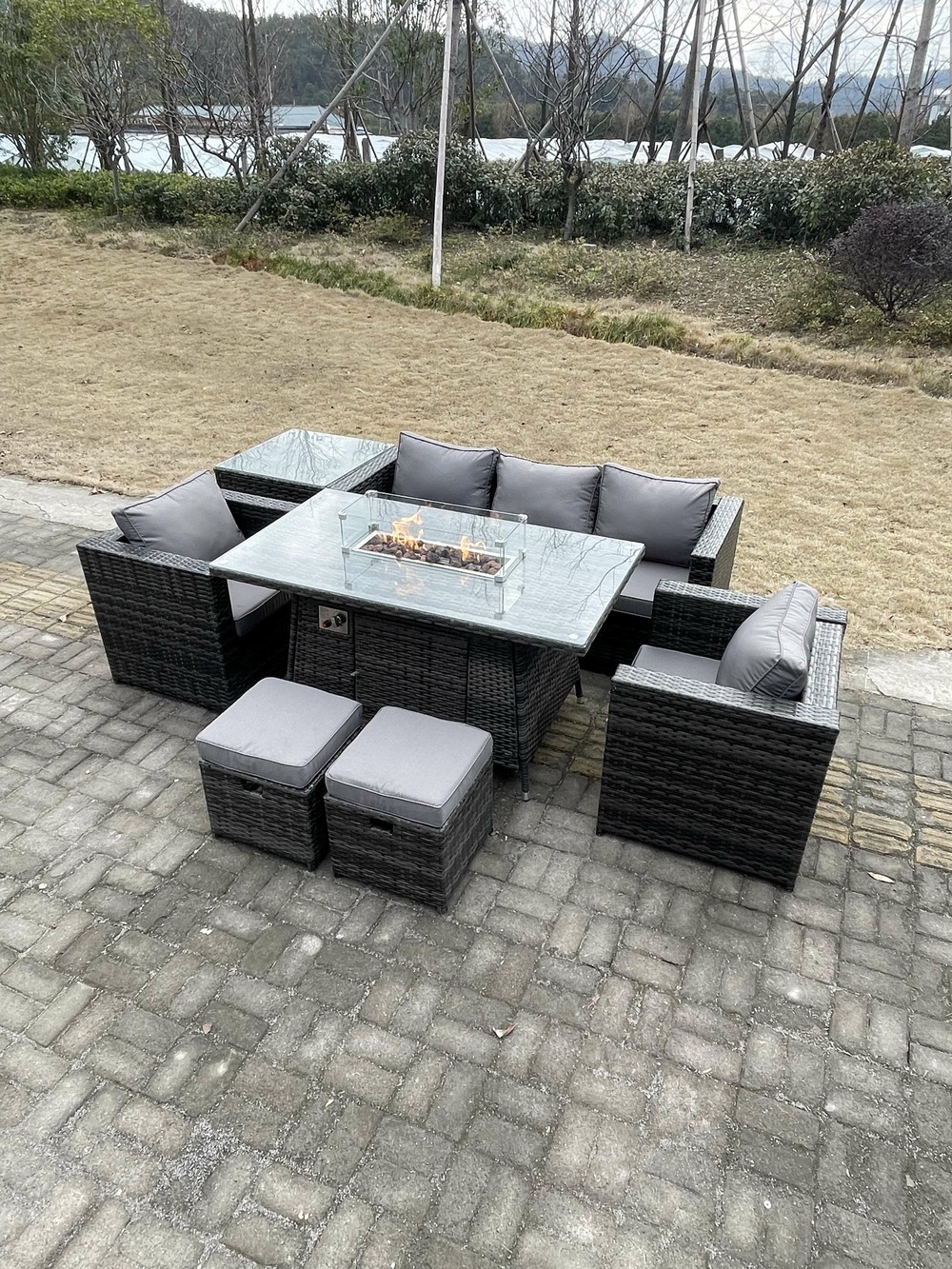 Outdoor pe rotin garden furniture gas firepit table à manger fauteuil table basse haute 2 tabourets gris foncé mélangés