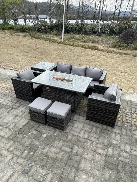 Outdoor pe rotin garden furniture gas firepit table à manger fauteuil table basse haute 2 tabourets gris foncé mélangés