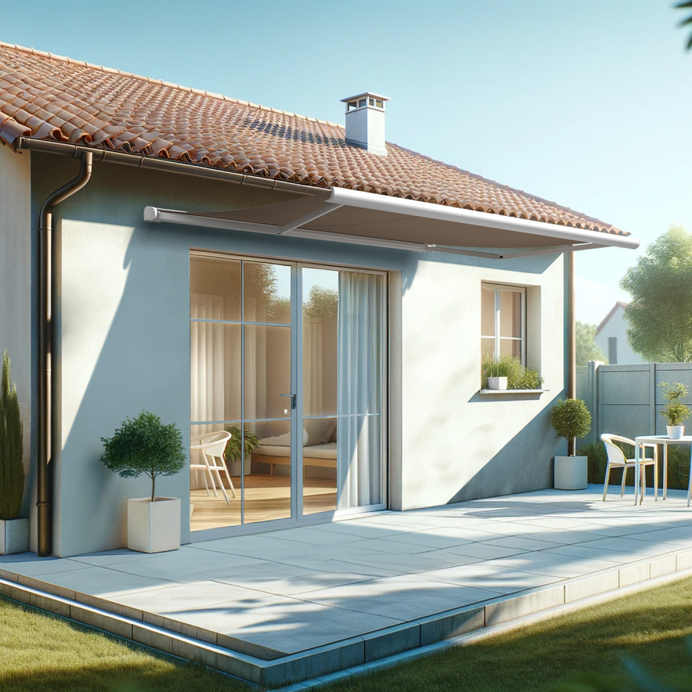 Store banne coffre intégral hevoa 4,00x3,00 m (motorisé secours à télécommande - blanc satiné ral9010 - taupe)