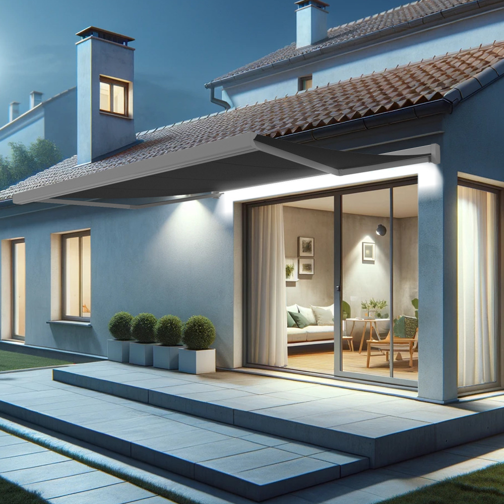 Store banne coffre intégral soa 4,10x3,50 m (motorisé secours à télécommande + led - blanc satiné ral9010 - gris graphite)