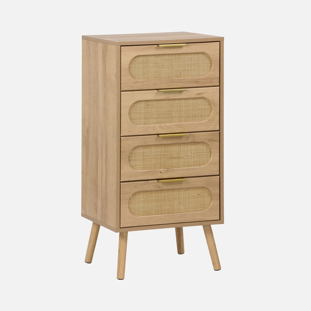 Commode chiffonnier effet bois et cannage 4 tiroirs naturel, poignée en métal doré - l 48 x p 39,5 x h 96 cm - eva