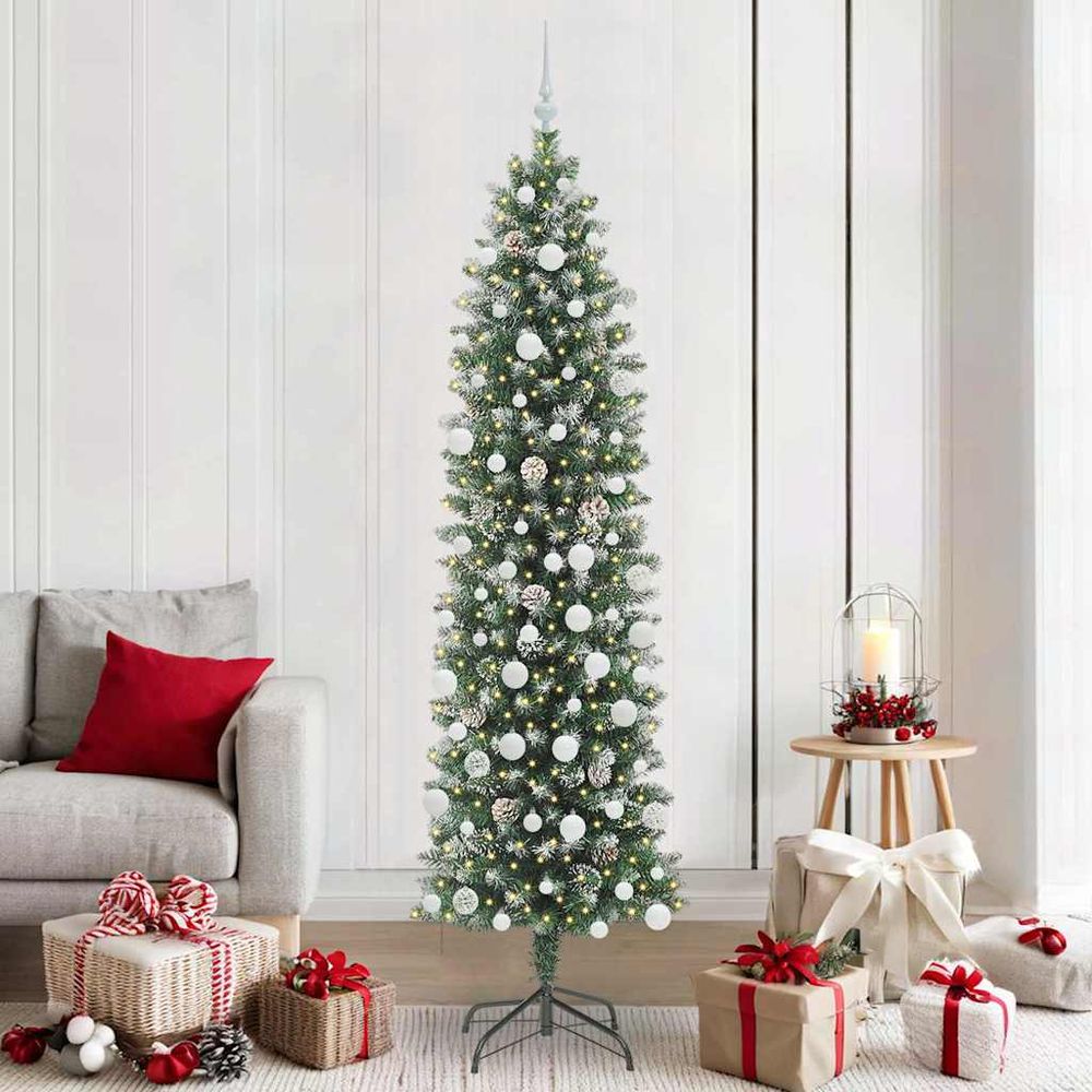 Sapin de noël crayon 210 cm gain de place, effet neige avec 300 led et boules