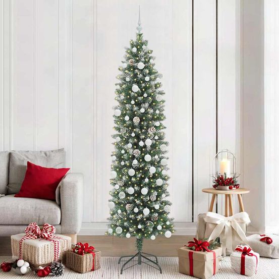 Sapin de noël crayon 210 cm gain de place, effet neige avec 300 led et boules
