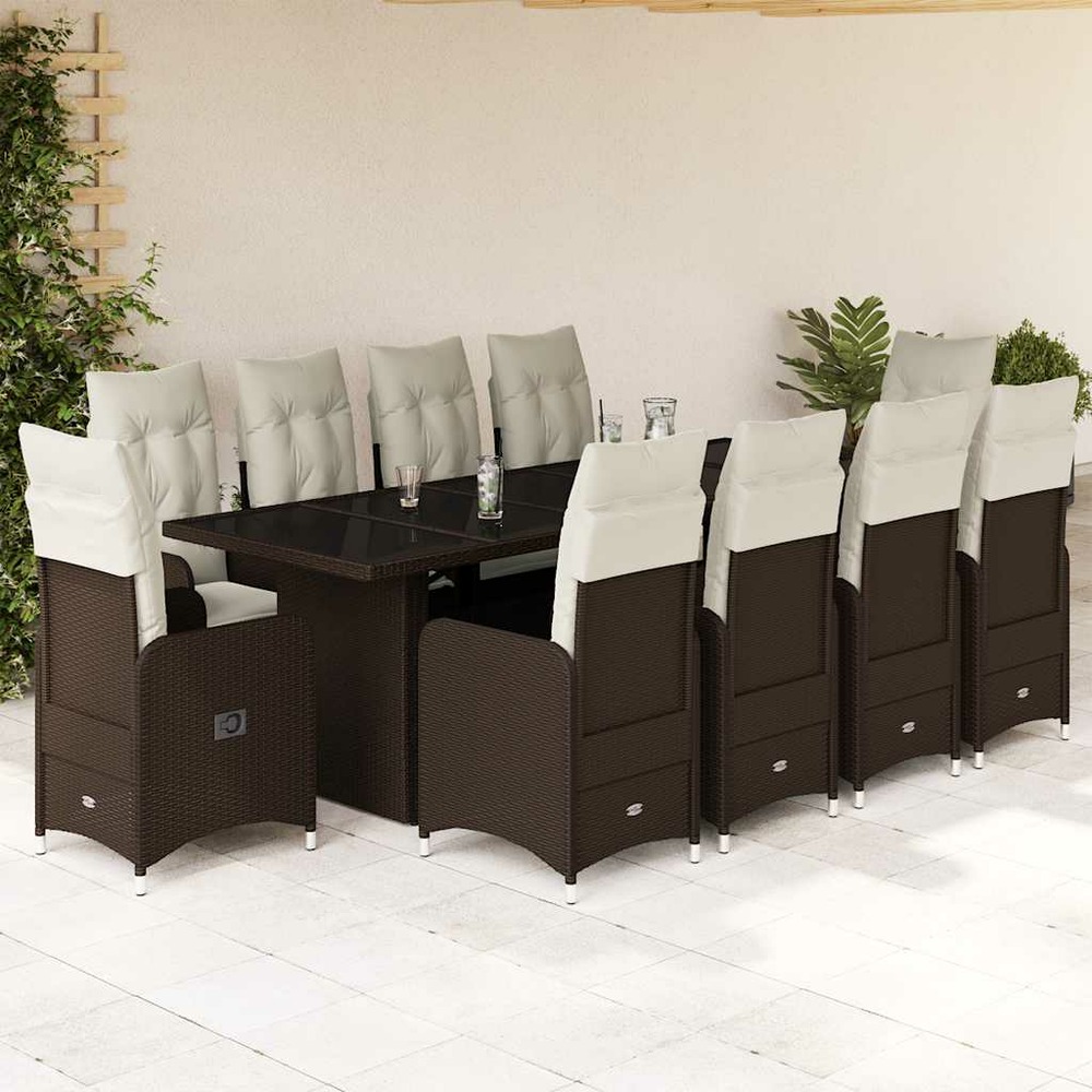 Ensemble de bistro de jardin 11 pcs coussins marron poly rotin