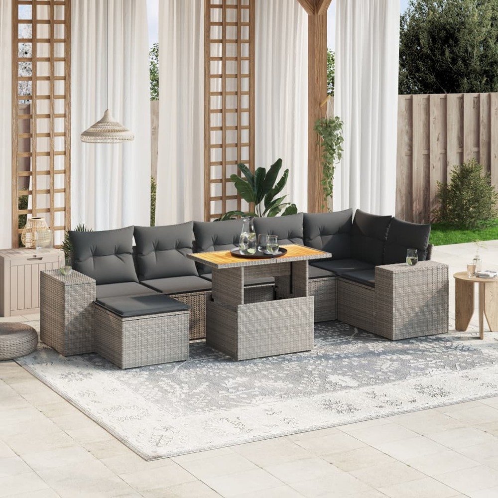 Salon de jardin 8 pcs avec coussins gris résine tressée
